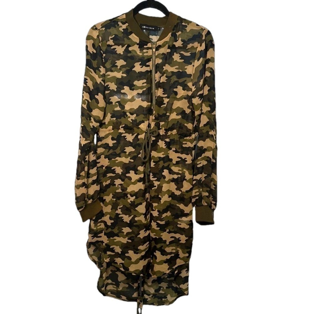 HONEYBUN Size L Sheer Camo High/Low Dress